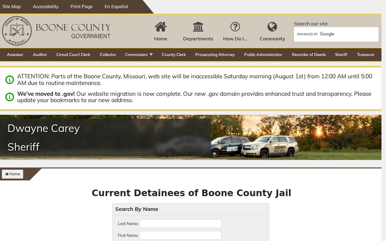 Boone County arrest records and detainee report menu