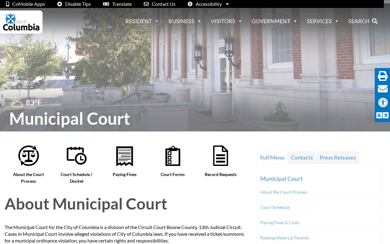 Boone County court case records page for Columbia Municipal Court