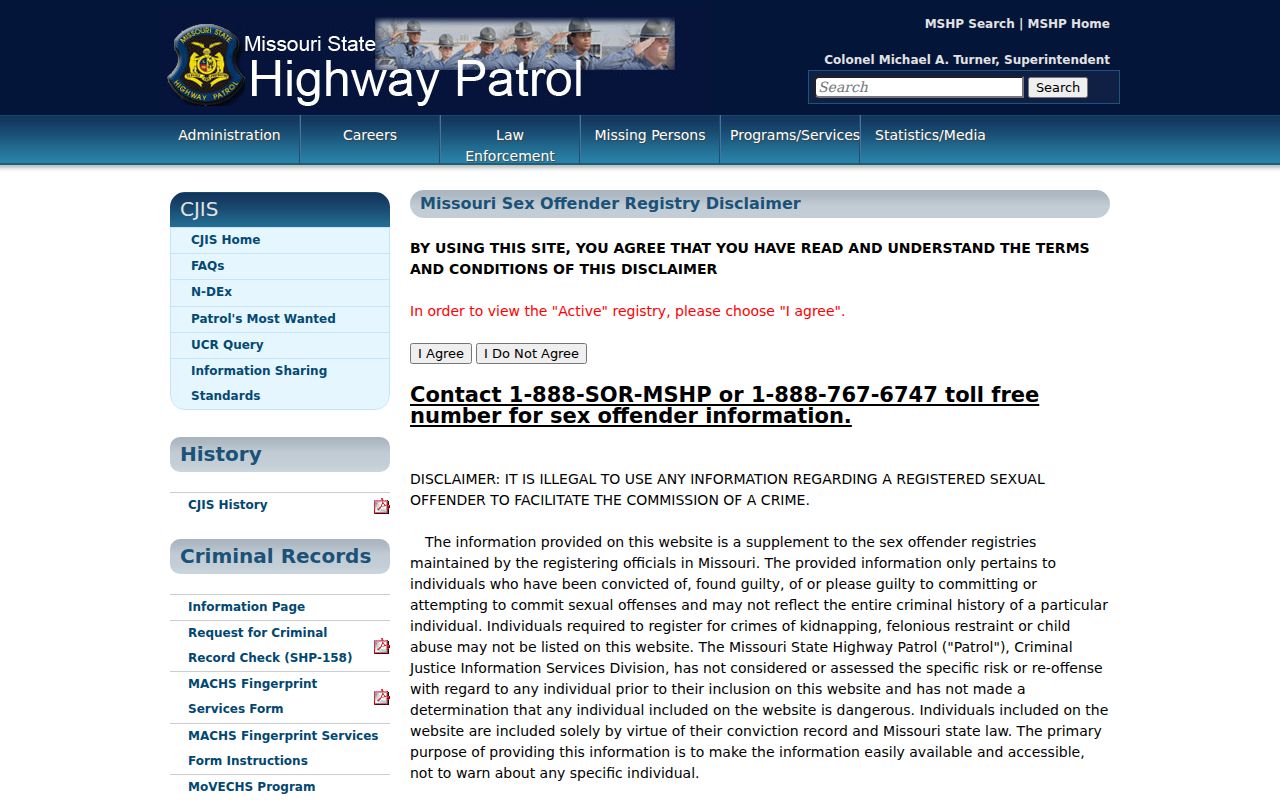 Boone County sex offender registry MSHP disclaimer page