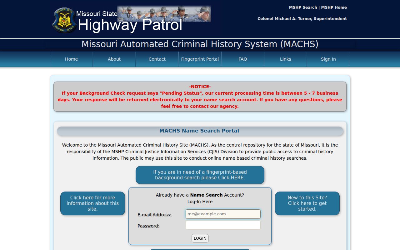 Boone County criminal history MACHS name search landing page